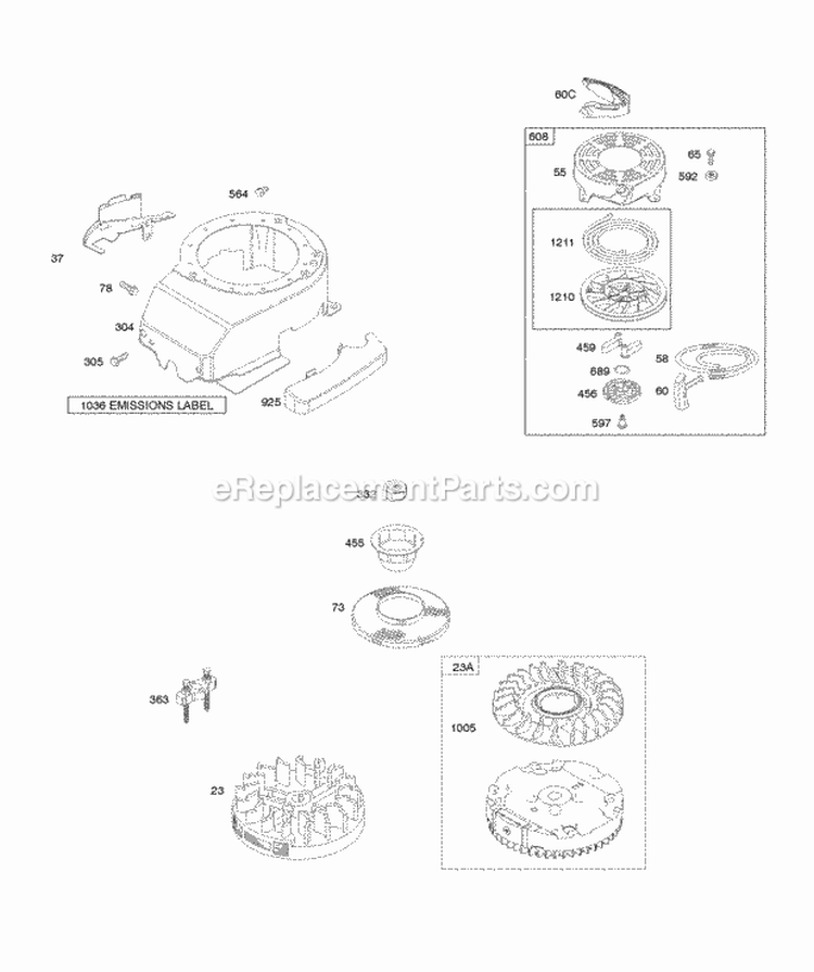 Blower Housing Flywheel Rewind Starter Diagram and Parts List for 12J902-0159-01  Briggs and Stratton Engine